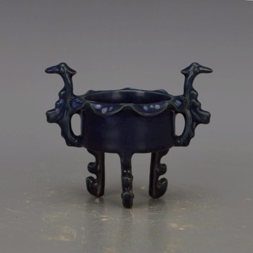 宋 汝窯藍釉點彩斑點紋荷葉口雙鳳三足香爐 仿古舊貨支釘燒制瓷器