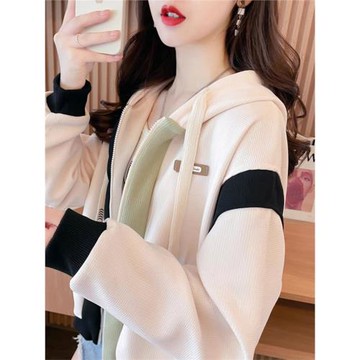 早秋華夫格短款外套女春秋季2025新款連帽衛衣寬松小個子撞色上衣