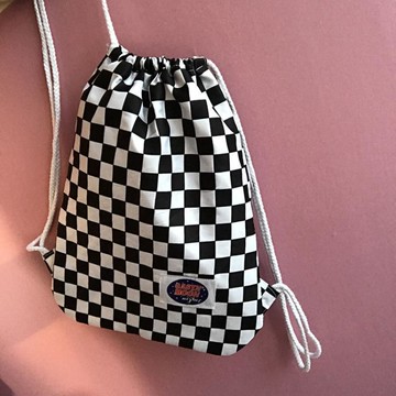 束口袋 GASTN原創棋盤格子 復古黑白撞色抽繩 貼標 夏日百搭雙肩包【林之舍】
