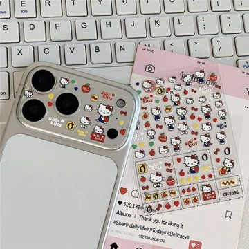 韓國卡通可愛KT貓diy鏡頭膜適用iPhone17pro可愛貼紙裝飾圖案蘋果17promax底座靜電吸附鏤空手機攝像頭保護膜