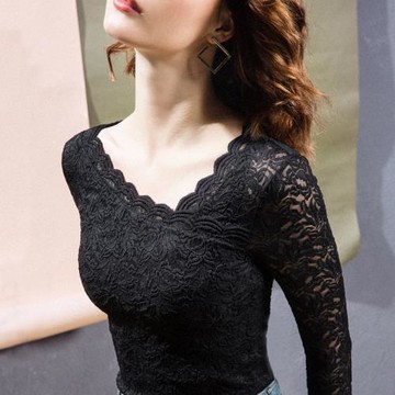 黑色蕾絲打底衫女秋冬長袖內搭春季新款洋氣斜領蕾絲衫緊身上衣女