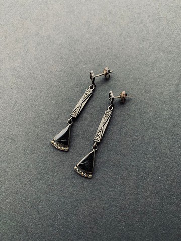 黑晶鑽、黑瑪瑙、仿古典雅造型925銀耳針