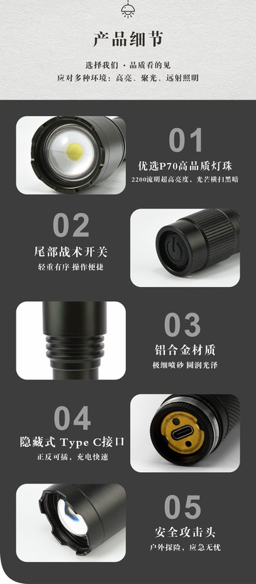 楓林宜居 現貨P70遠射高亮手電筒usb充電便攜手電筒伸縮變焦手電批發