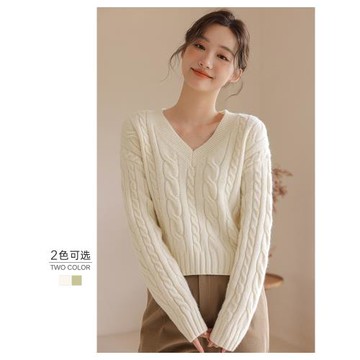 v領麻花毛衣女短款2025年秋冬新款寬松慵懶套頭打底針織衫上衣