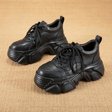 厚底老爹鞋女輕便復古增高圓頭小皮鞋女真皮單鞋休閑松糕鞋女歐貨