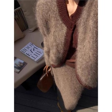 復古美拉德咖色水貂絨開衫毛衣外套女秋冬高級感慵懶小香風針織衫