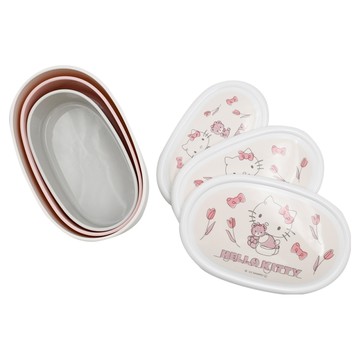 Skater Hello Kitty 塑膠AG抗菌保鮮盒 橢圓型 3件組  3個容器 + 3個蓋子  1組