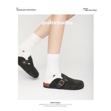 真皮軟木勃肯鞋女春秋黑色情侶男女同款大碼拖鞋外穿包頭半拖小碼