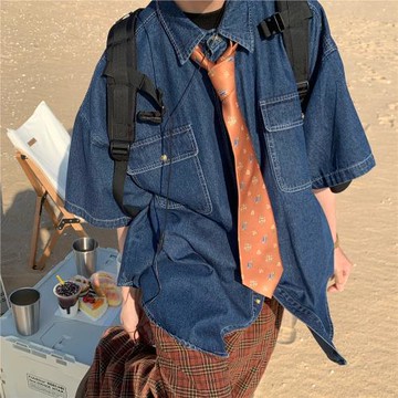 C2自制/簡約百搭水洗牛仔寬松短袖襯衫情侶做舊復古半袖韓版襯衣