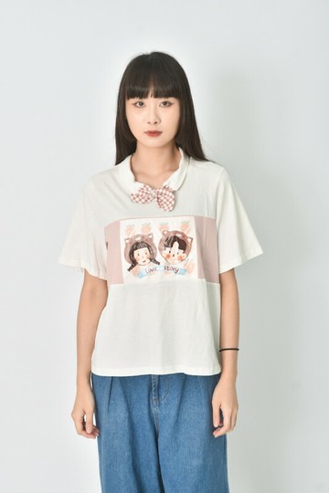 (L) 春夏質感棉質純棉圖案白色短袖