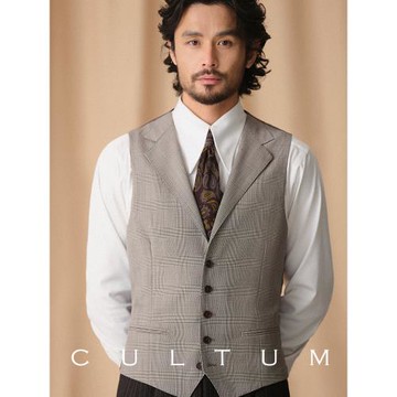 CULTUM ONE DAY精紡羊毛親王格單排扣西裝領免燙男士修身西裝馬甲