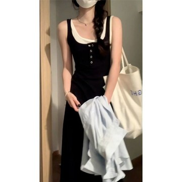 假兩件背心吊帶連衣裙子女夏季新款設計感小衆氣質收腰長裙子 氣質洋裝 長裙 吊帶裙 裙子 連身裙 中長裙 度假裙