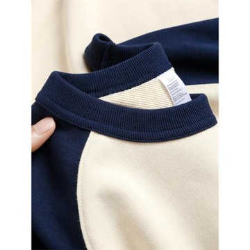 顯白不挑人！靛藍色340g重磅撞色插肩袖圓領衛衣寬松休閑套頭上衣