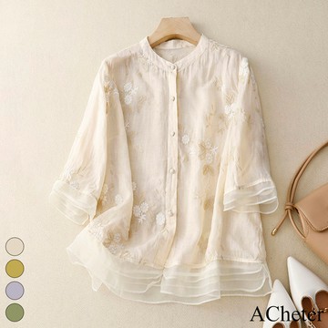 【ACheter】復古五分短袖文藝挑紗刺繡襯衫氣質拼接歐根紗下襬寬鬆短版上衣# 118400 (現貨+預購)