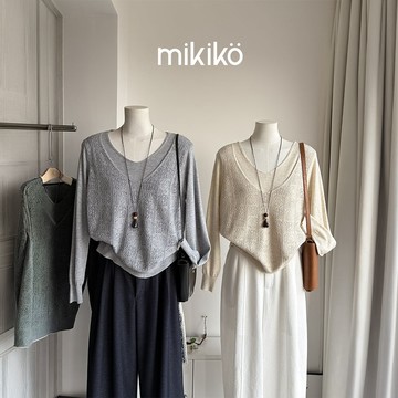 美木子｜針織上衣｜預購｜假兩件 長袖打底衫 女秋季V領鏤空提花顯瘦 秋裝新品【7312】