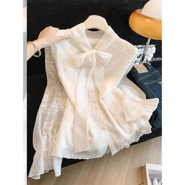 法式系帶蝴蝶結長袖襯衫女2026春秋新款設計感氣質刺繡蕾絲衫上衣