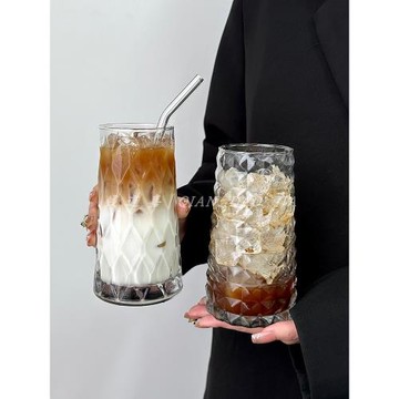 ins風復古高顏值鉆石咖啡杯水果茶杯玻璃杯飲料牛奶拿鐵氣泡水杯