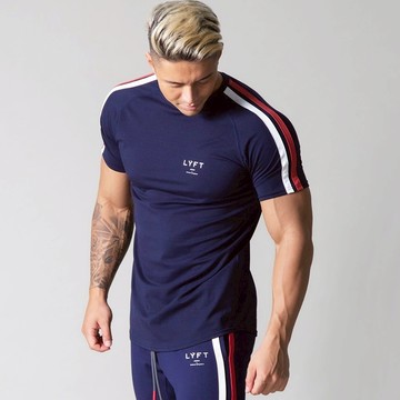 男士 棉質 修身 運動T恤  條紋 塑形 緊身 短袖衫 現貨 lyft gym