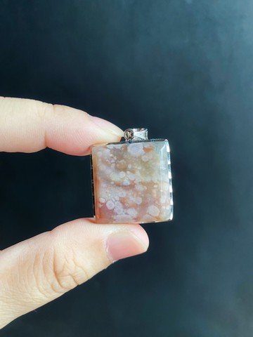 櫻花瑪瑙 方形 滿天星 意淨美 油畫 S925銀鑲 天然 禮物 項鍊