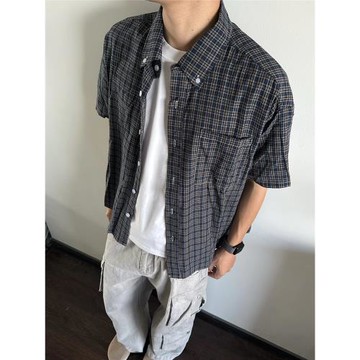 SellScream美式休閑通勤格紋短袖襯衫百搭寬松復古格子短款襯衣潮