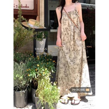 PPHOME水墨牧歌~簡約假日風潮新款法式高級感水墨碎花吊帶連衣裙