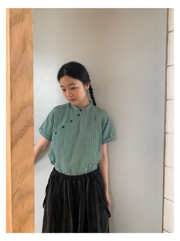 色織亞麻格子陶瓷扣改良中式小襯衫