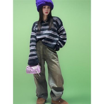 2024秋冬新款北歐小眾馬海毛混紗寬松套頭圓領條紋針織衫毛衣男女