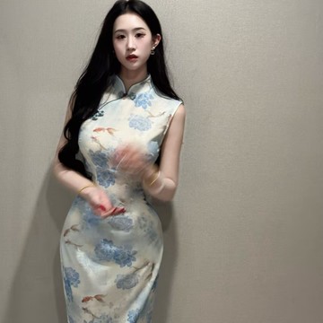 【桃喜Rich女裝】藍色旗袍 嵐漁新中式連身裙 原創自制彈力旗袍 網紗小清新溫柔無袖旗袍 國風洋裝 復古長裙