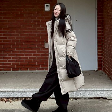 【鵝絨】女裝 CAYMAN 長版 連帽 羽絨外套 - 米色