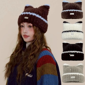 🐈台灣隔日到貨🐈 日系可愛 貓耳毛帽 顯臉小 毛線針織帽  保暖帽 貓耳帽 貓耳帽 冬天雪地帽 學院風 雪帽 滑雪帽