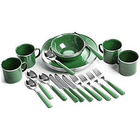 Stansport 24-Piece Enamel Camping Tableware Set、Green