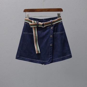 2025春夏高腰防走光牛仔短裙女時尚歐貨深藍色百搭松緊腰潮流褲裙