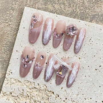 💟加一手工甲💅🏻純手工穿戴甲甲片高級感手繪月光粉蝴蝶結美甲可拆卸美甲假指甲純手工穿戴甲 JBDK