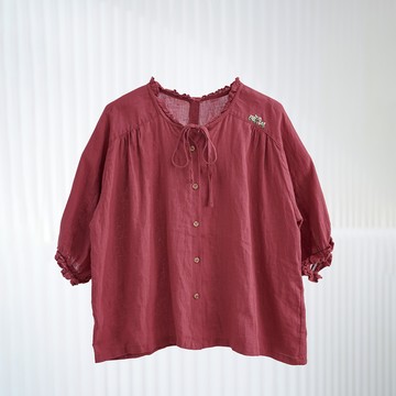 亞麻刺繡木耳邊綁帶襯衫082178