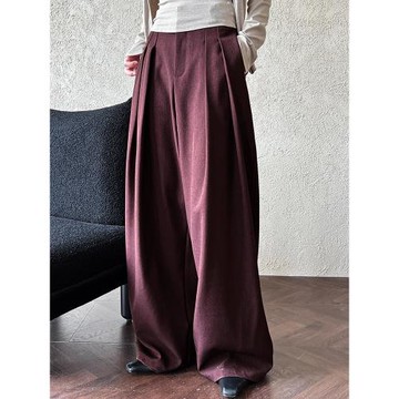 壓褶高腰垂感闊腿西裝褲女2025春秋老錢風寬松拖地褲百搭長款褲子