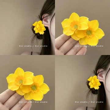 【蜜糖の髮飾】臺灣出貨與花有約!黃色雙生花髮夾!甜美可愛邊夾氛圍感劉海夾盤發器髮卡