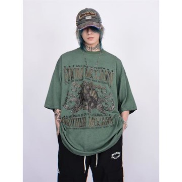 Mz 歐美潮牌街頭復古水洗短袖T恤男夏季美式寬松ins高街做舊上衣