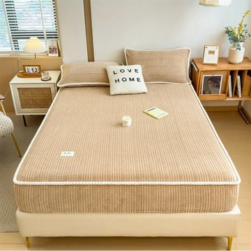 日系牛奶絨加厚床包3件組 壓紋提花款  床包(200 x 150cm) +  枕套2個(74 x 48cm)  摩卡咖