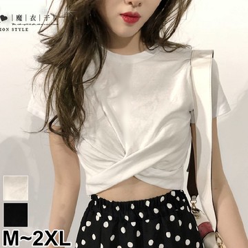 【QV3110】魔衣子-緊身圓領交叉性感漏肚臍短袖上衣