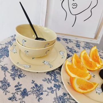 韓國ins童趣可愛奶黃色大白鵝卡通一人食陶瓷碗盤組合餐具早餐盤