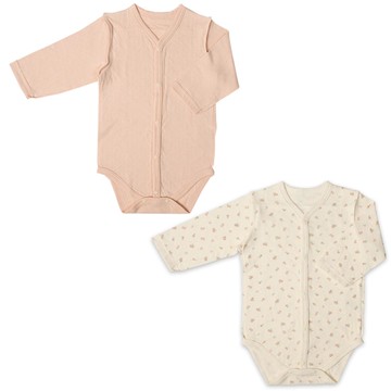 akachan honpo - 長袖前開包屁衣2件組-蓬鬆棉 小花-粉紅色