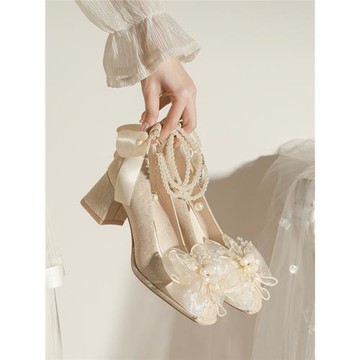 2025新款粗跟高跟法式瑪麗珍鞋訂婚鞋新娘鞋伴娘日常可穿大碼女鞋