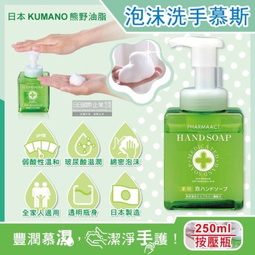日本KUMANO熊野油脂-玻尿酸滋潤潔淨泡沫洗手慕斯250ml/按壓綠瓶(綿密泡泡洗手乳,手部護理清潔,花香肥皂液,居家防疫必備)