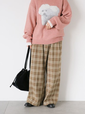 復古格紋圖案後腰鬆緊寬褲(FF37L0F0780) - ehka sopo