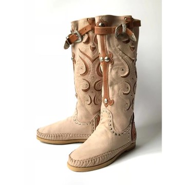 2025歐美新款復古顯瘦波西米亞長靴圓頭粗跟鉚釘拼色真皮西部靴女