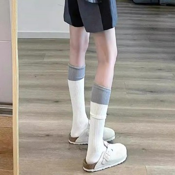 韓國黑灰色拚接襪子女春夏款顯瘦拚色中長網紅高筒過膝靴子大腿襪