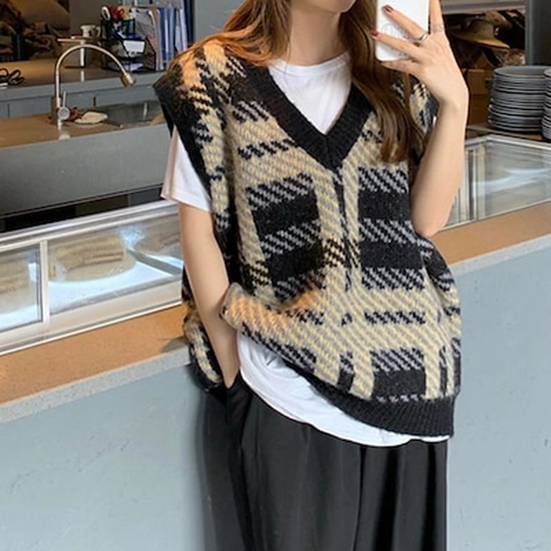 韓国ファッション ビッグシルエット チェック柄 Vネック ニットベスト F0525 通販 Lineポイント最大5 0 Get Lineショッピング