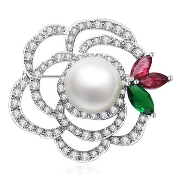 ANGEL 單顆珍珠時尚玫瑰水鑽胸針別針兩用款(銀色)