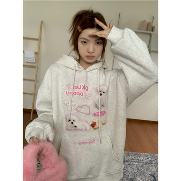 【太妮絲J117】現貨 韓系 愛心 狗狗 粉色 連帽上衣 帽T 字母 蛋糕 小狗 長袖上衣 抽