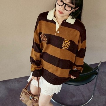 MLB x MARY QUANT x PUBLUX 小花刺繡 針織 條紋 翻領 橄欖球衫 98136036